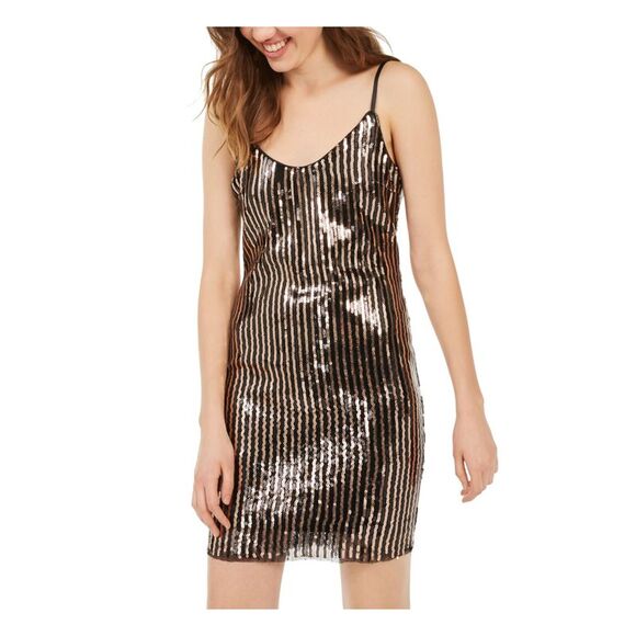 BEBE Dresses & Skirts - BEBE Womens Sequined Spaghetti Strap Scoop Neck Short Cocktail Sheath Dress